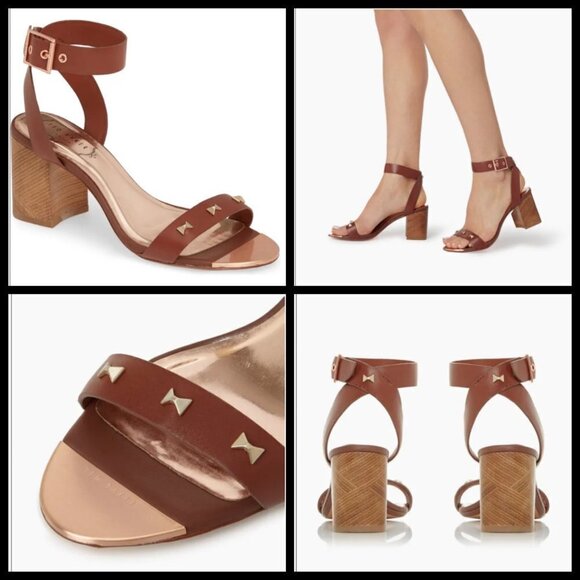 💕TED BAKER💕 Biah Ankle Strap Studded Bow Block Heel Sandals Brown EU 39.5 NWT - Picture 1 of 7